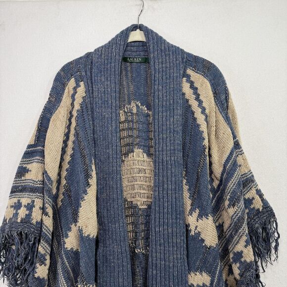 Lauren Ralph Lauren Poncho Cardigan Women L Blue Beige Wool Linen Southwestern - Picture 4 of 15